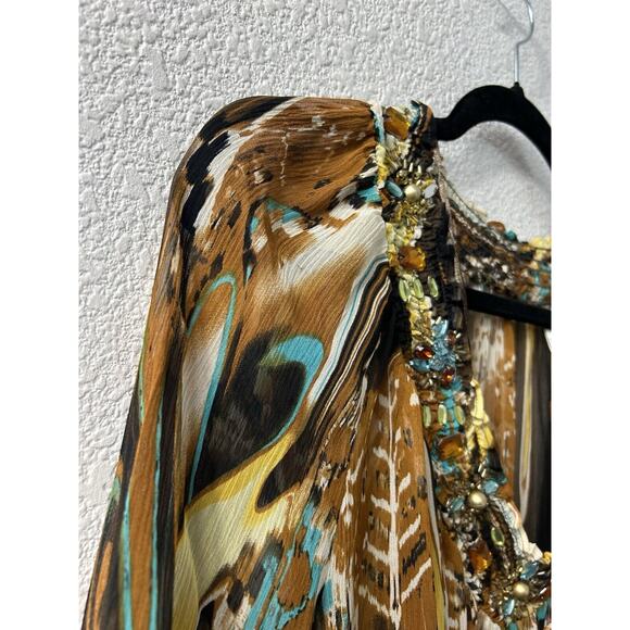 Vintage Peter Nygard Womens Sz 16 Brown Silk Abstract Peacock Skirt & Blouse Set - Picture 3 of 16